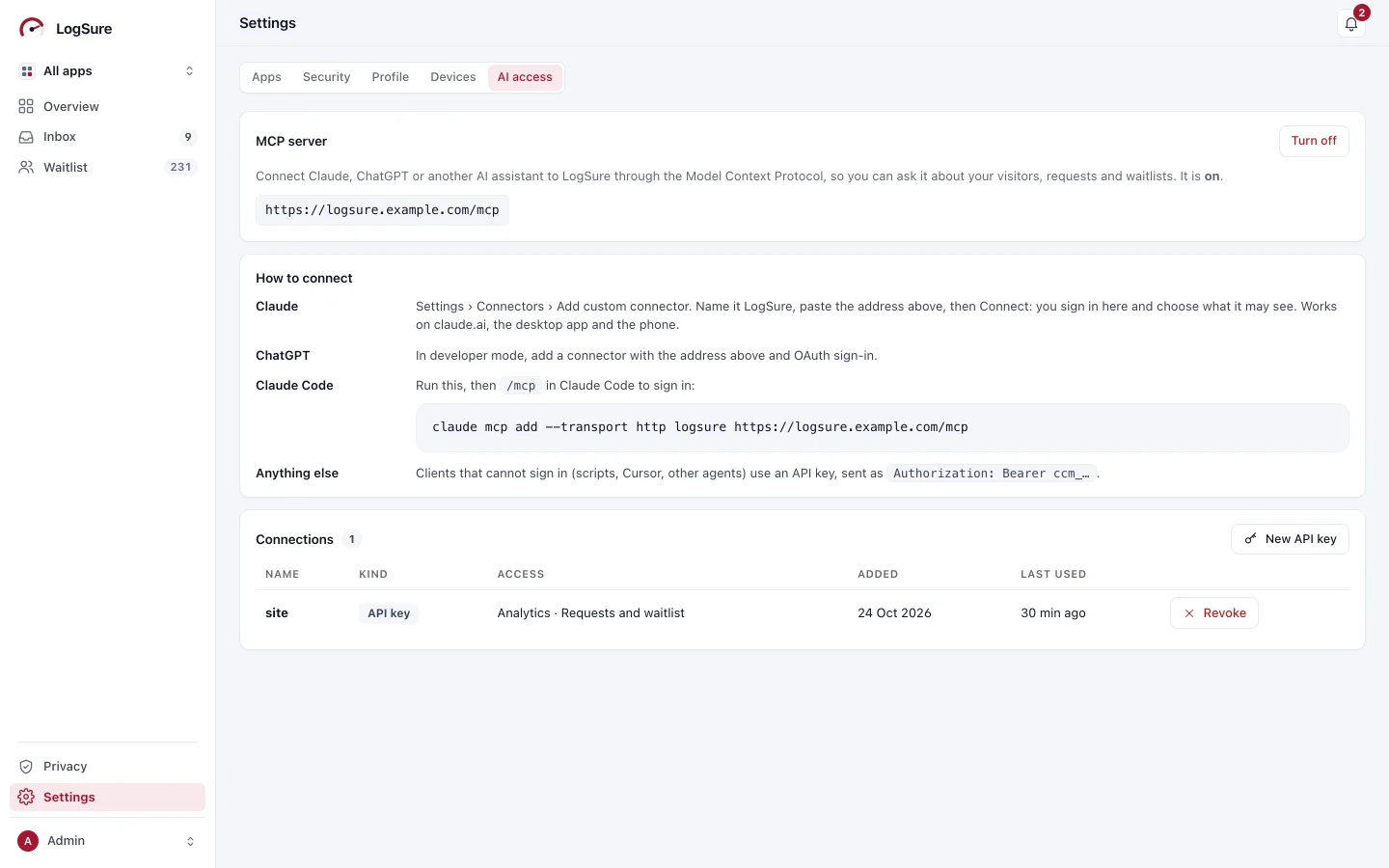Settings › AI access: the MCP server is on, with its address, how to connect Claude, ChatGPT and Claude Code, and the connected API key.