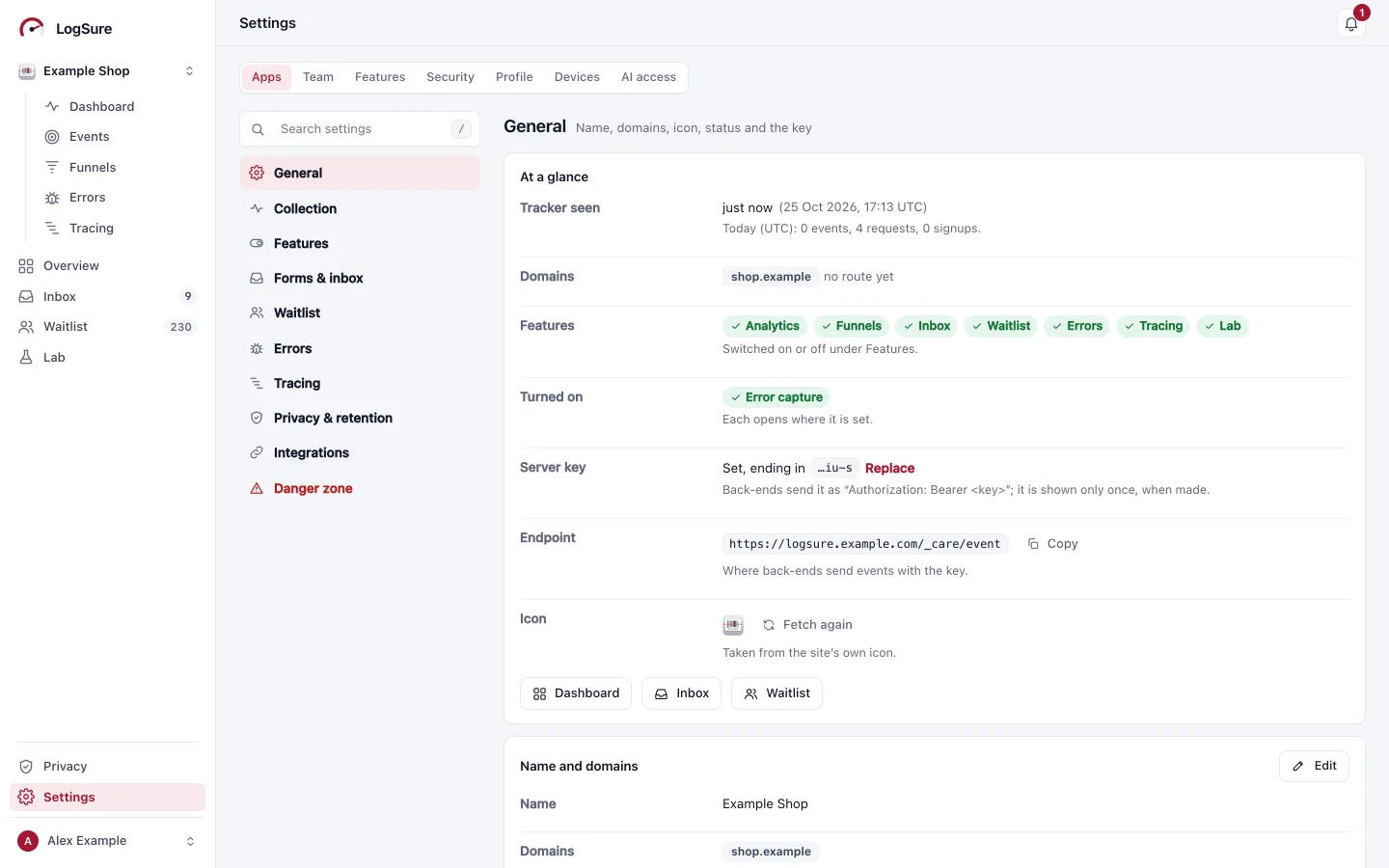 An app's settings in sections with a search field: General, Collection, Features, Forms and inbox, Waitlist, Errors, Tracing, Privacy and retention, Integrations, with error capture turned on.