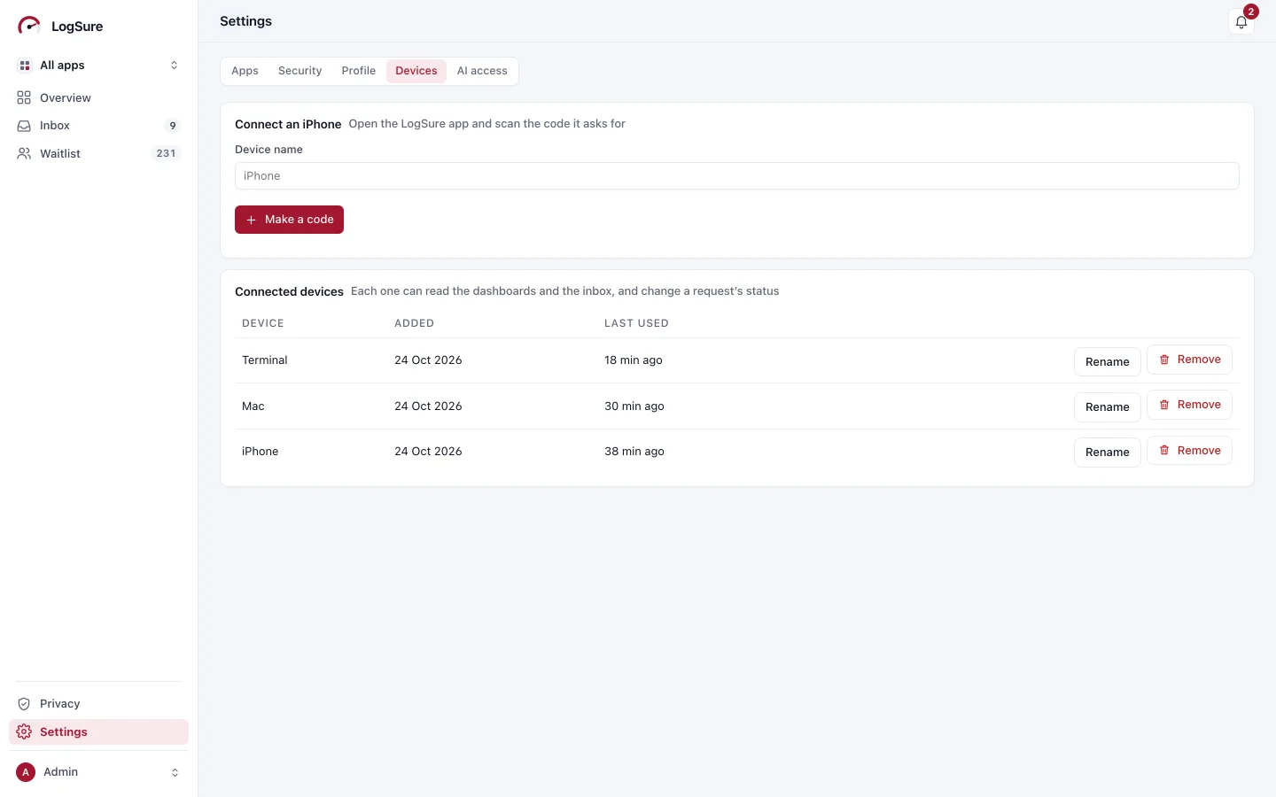 Settings › Devices: make a pairing code, and the connected iPhone, Mac and terminal with when each was last used.