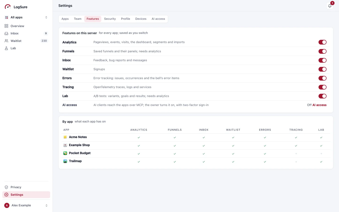 Settings, Features: each feature's switch for the server, and a table of what each app has on.