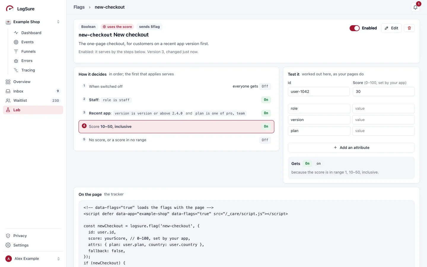 A boolean flag, new-checkout: how it decides, in order (off, a staff rule, a recent-app rule, scores 10 to 50 inclusive, then the default), a test box where a score of 30 gets On, and the tracker snippet.