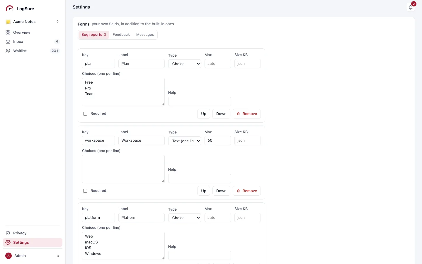 Settings for a sample app's bug report form: three fields, a plan choice, a workspace text field and a required platform choice.