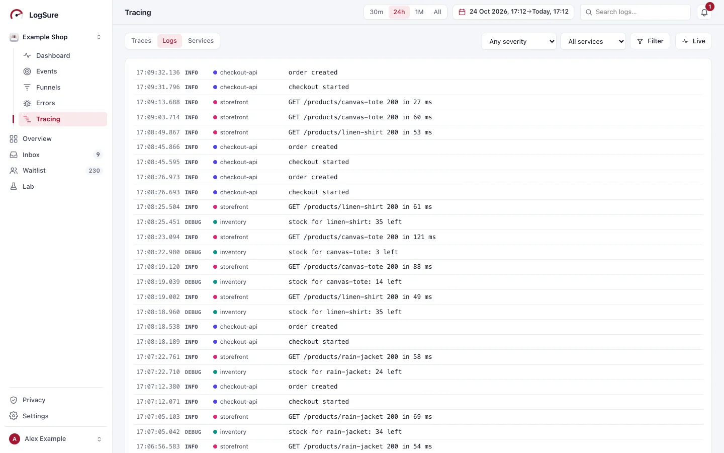 Logs of an app over 24 hours, newest first: time, level, service and message, with a Live button to follow new ones.