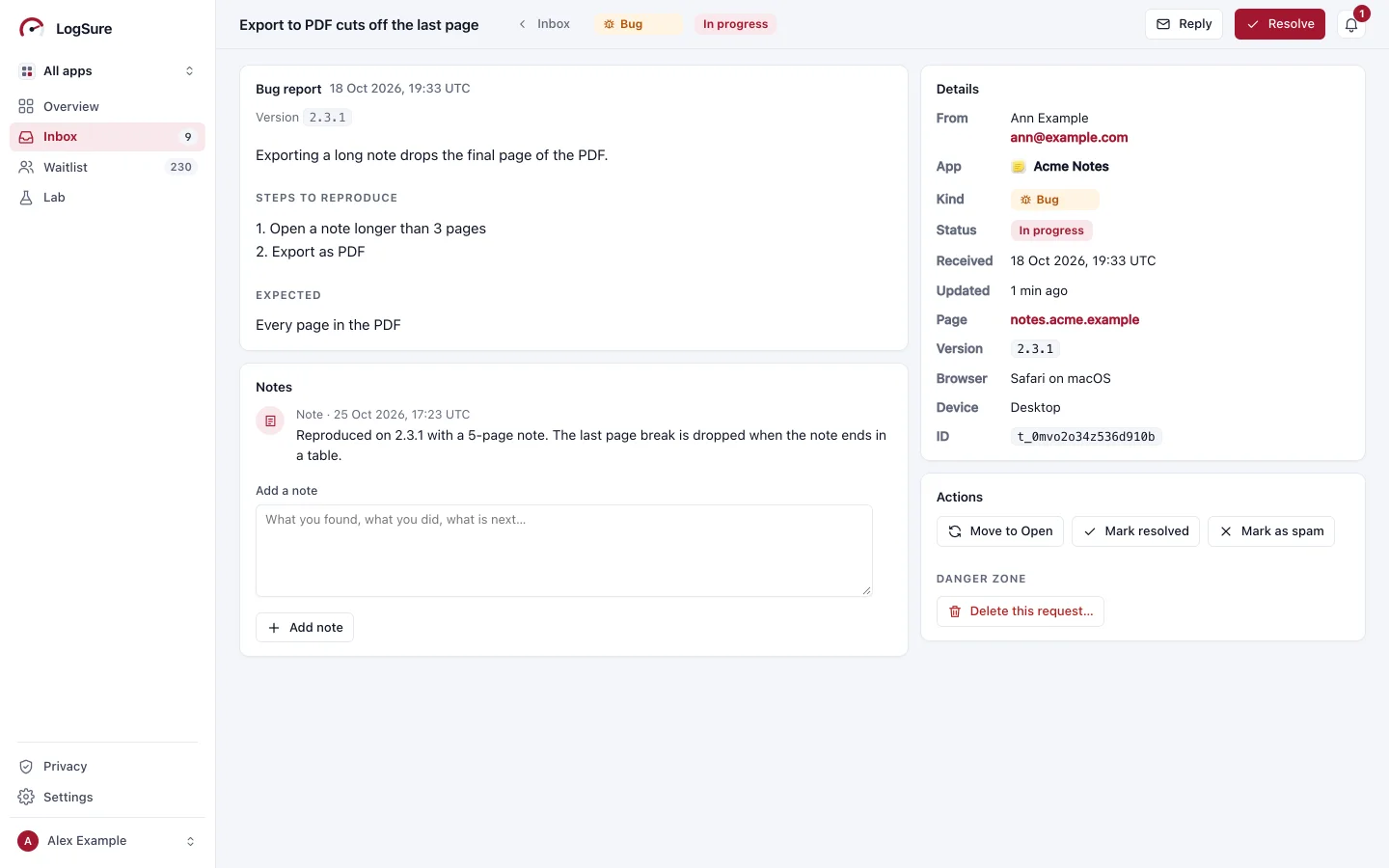 A bug report in the inbox: its steps, the expected result and details such as the version, browser and device.