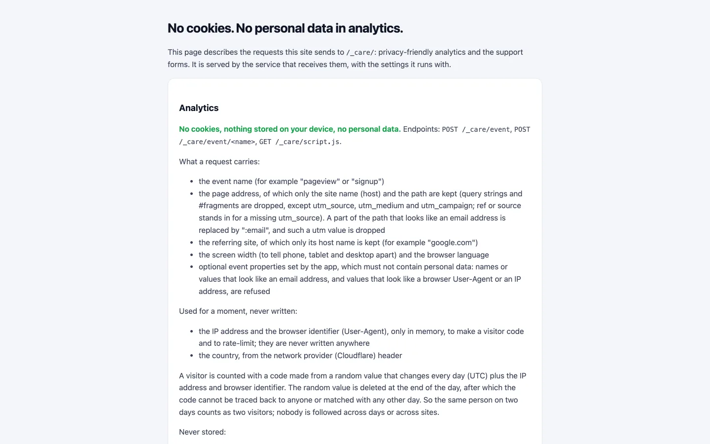The public page at /_care/: what the analytics and forms receive, what is used for a moment and never written, and how visitors are counted.