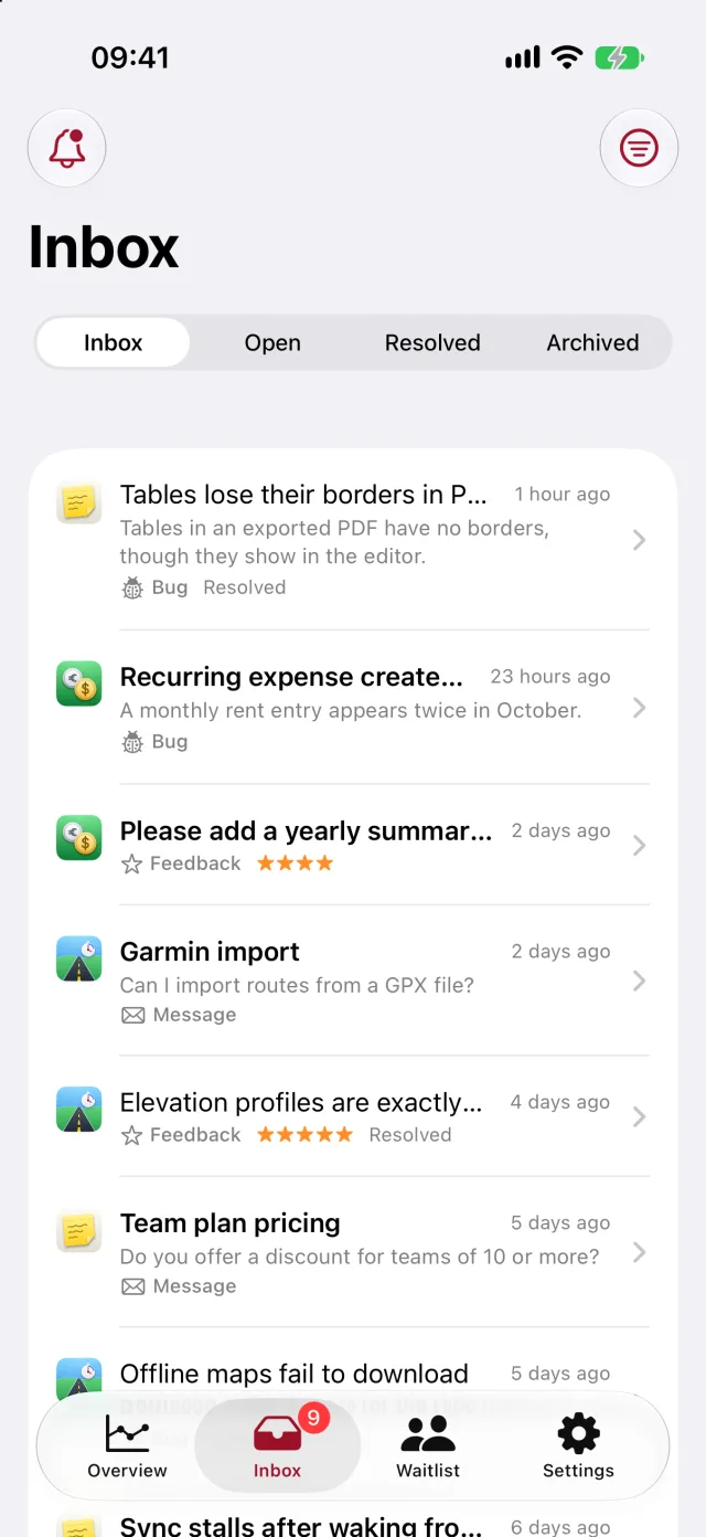 The iPhone app's inbox: requests from four sample apps with their kind, rating and status.
