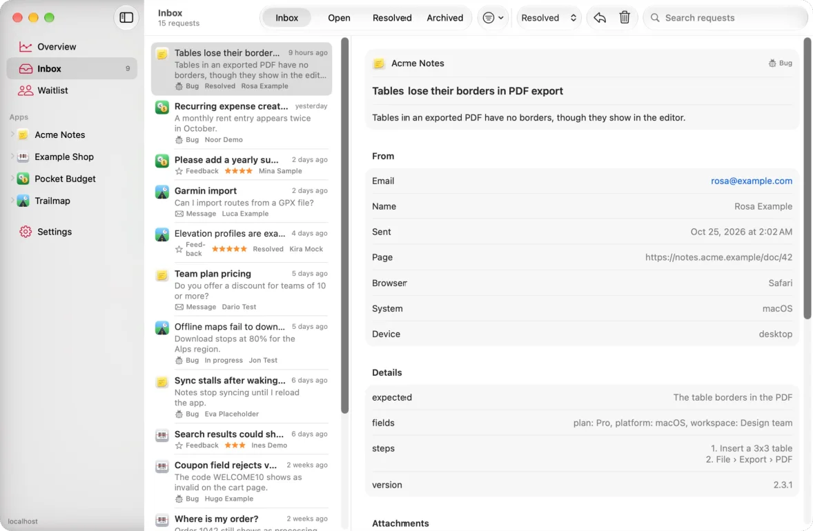 The Mac app's inbox in a split view.